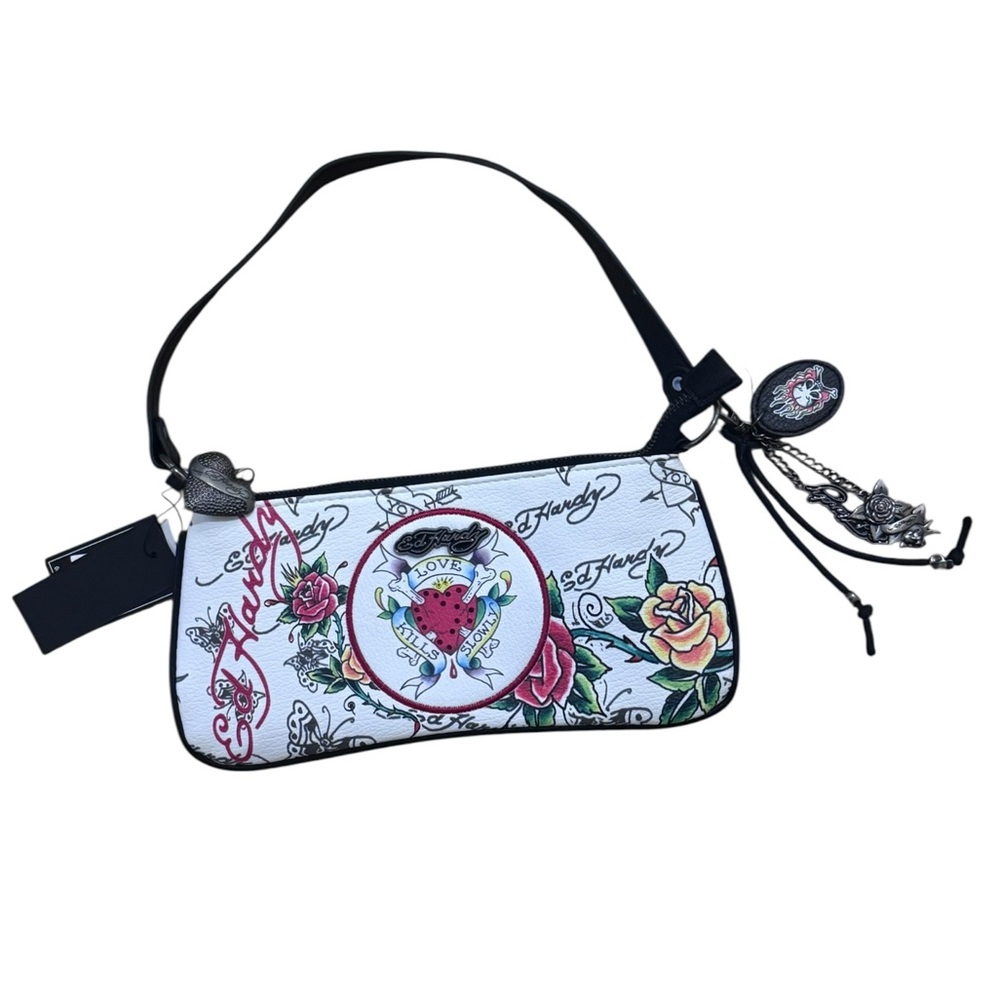 Ed Hardy Floral White and Black Shoulder Bag